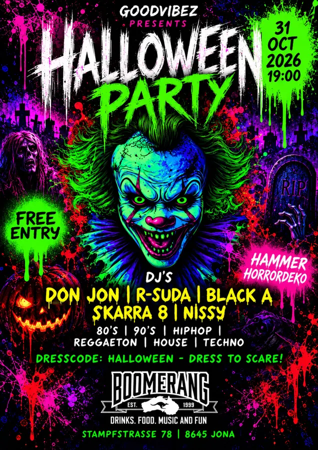 Flyer: Halloween Party, 31. Oktober 2026, 19 Uhr, Free Entry, DJs Don Jon, R-Suda, Black A, Skarra 8, Nissy