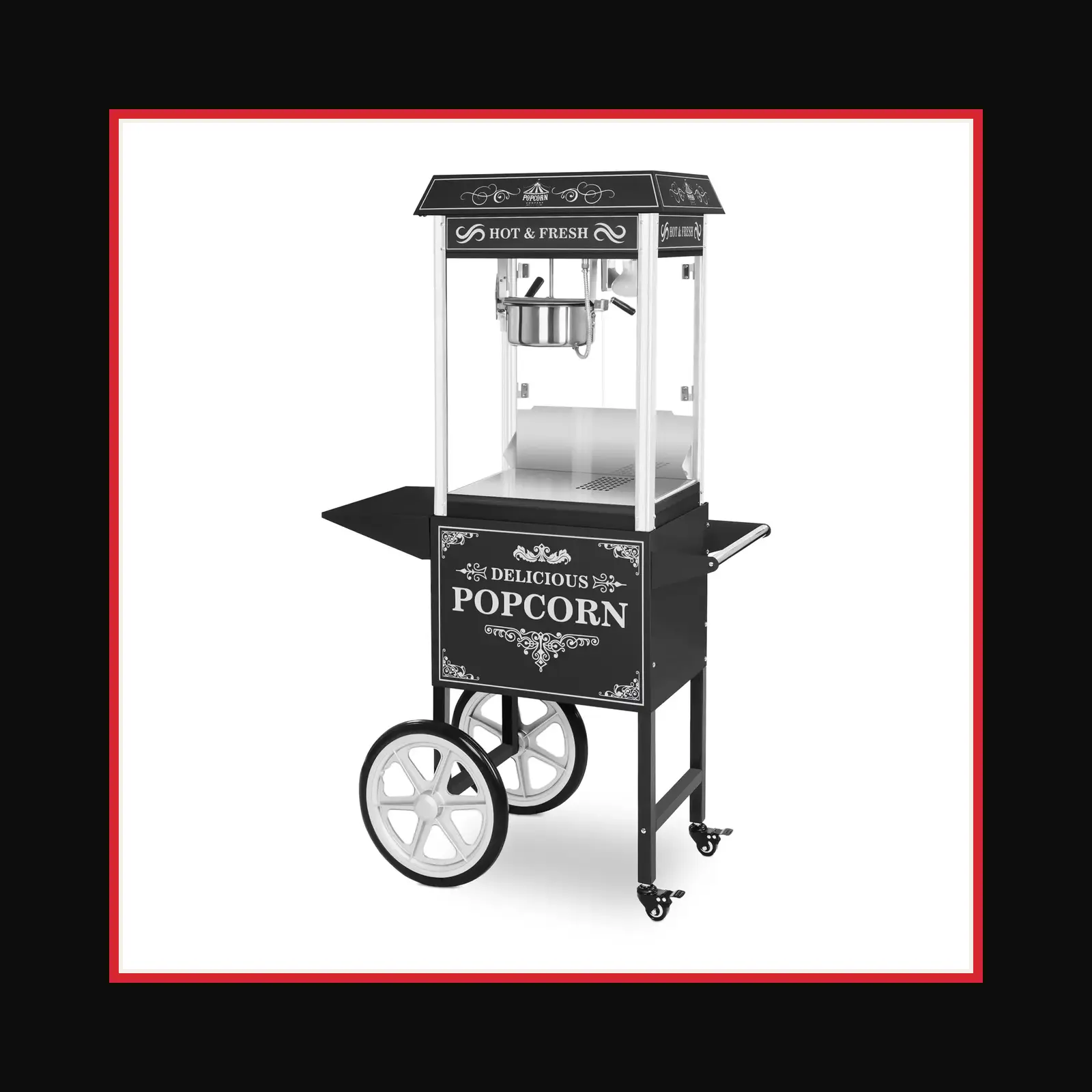 Popcornmaschine mit Wagen im Retro-Design, in Schwarz